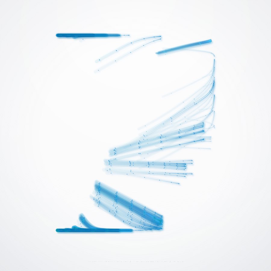 Spilling: blue strokes launched and released across the field.